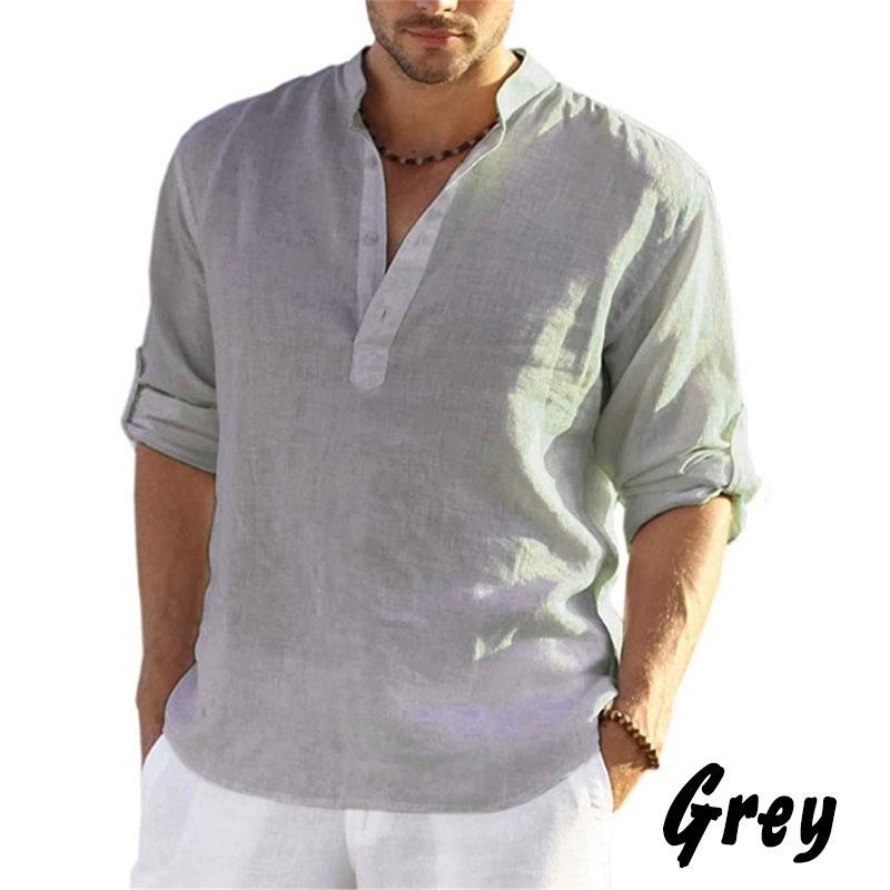 

2026 Men s Casual Cotton Linen Long Sleeve Stand Collar Shirt: Solid Color, Loose Fit, Trendy S серый