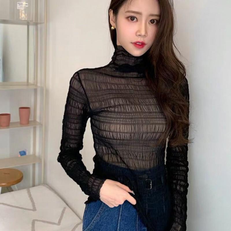 Mesh Top Slim Perspective Long Sleeve Turtleneck Shirt