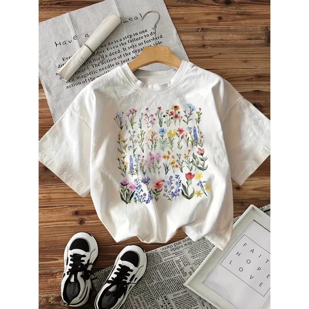 Women s Vintage Floral Print Crew Neck T-Shirt, Casual Short Sleeve Top, Aesthetic Flower Graphic Tee for Daily & Leisure Wear S