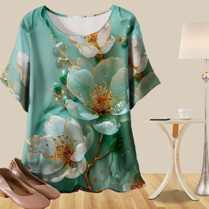 Women's Casual Loose Spring Shirt Women's Short Sleeve Grid Striped Peach Blossom Printed Tops