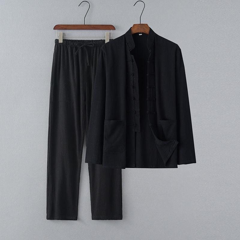 Chinese Style Summer Linen Tang Suit: Men's Retro Hanfu Long-Sleeved Jacket for Middle-Aged and Elderly