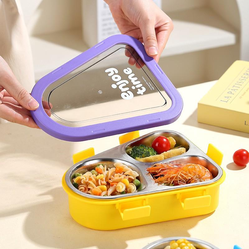 Stainless Steel Lunch Box Students Office Workers - 3-Compartment Bento Container With Lid Utensils Triangular Shape