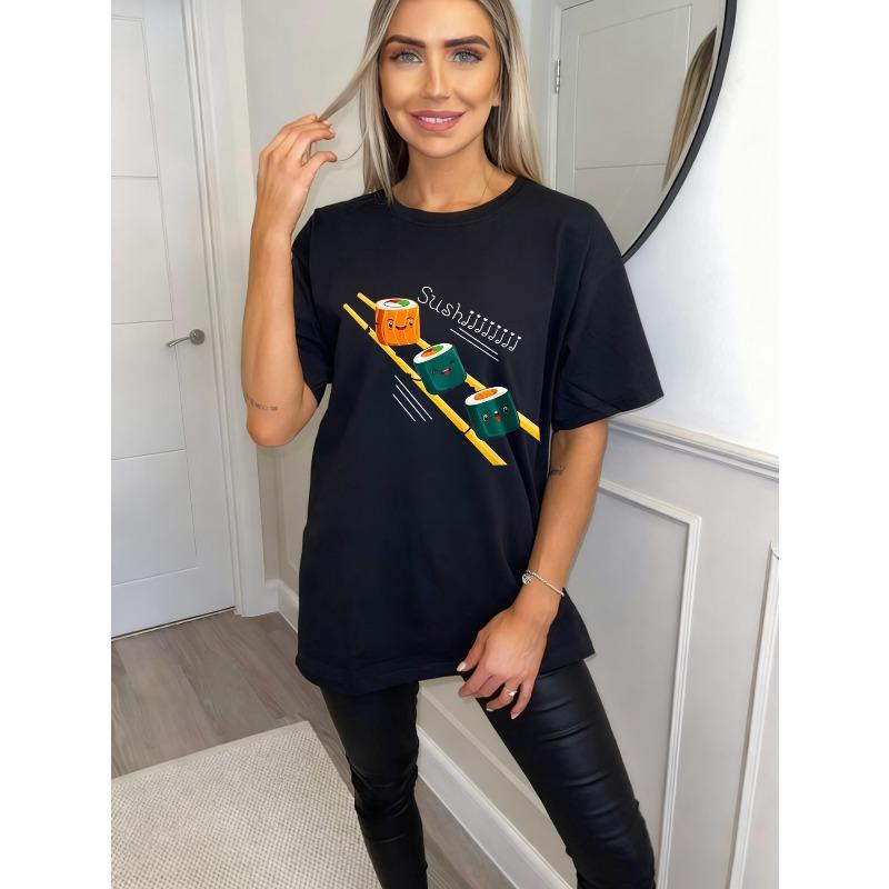 Cute Oversized T Shirt Black Sushi Roll Cartoon Print With Music Notes And Text For Casual Wear Summer Outfits Streetwear Fashion