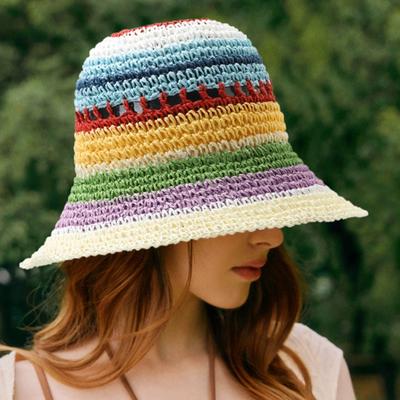 Women's Summer Straw Hat with Wide Brim for Sun Protection Korean Style Colorful Strip Beach Fisherman Hat
