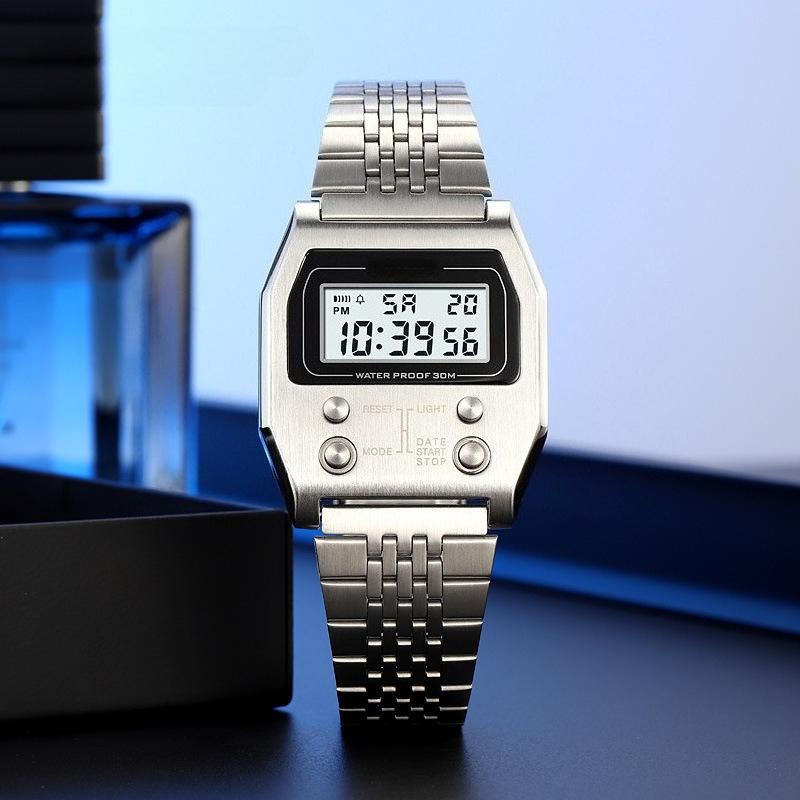 Mens Wristwatches Stainless Steel Sport Retro LED Electronic Waterproof Digital Watch