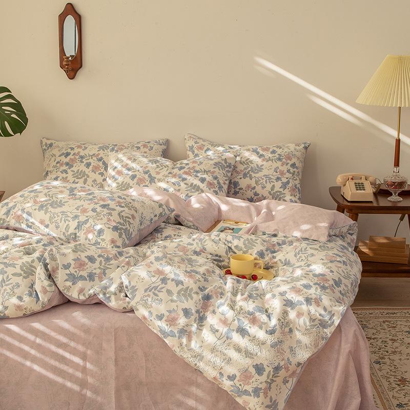 Vierteiliges Bettlaken aus reiner Baumwolle mit Blumenmuster, dreiteiliges Set mit kleinem, frischem Baumwollbett im Prinzessinnen-Stil