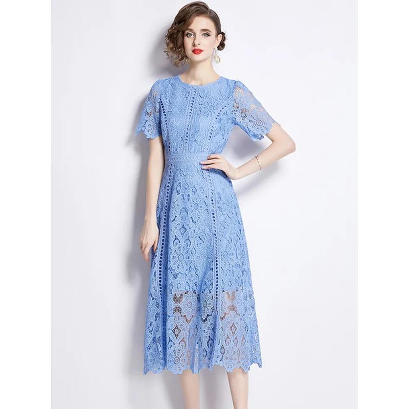 Abito da Donna Estivo Elegante Slim con Scollo a O, Manica Corta, Pizzo Intrecciato, Vintage di Alta Gamma, Abbigliamento
