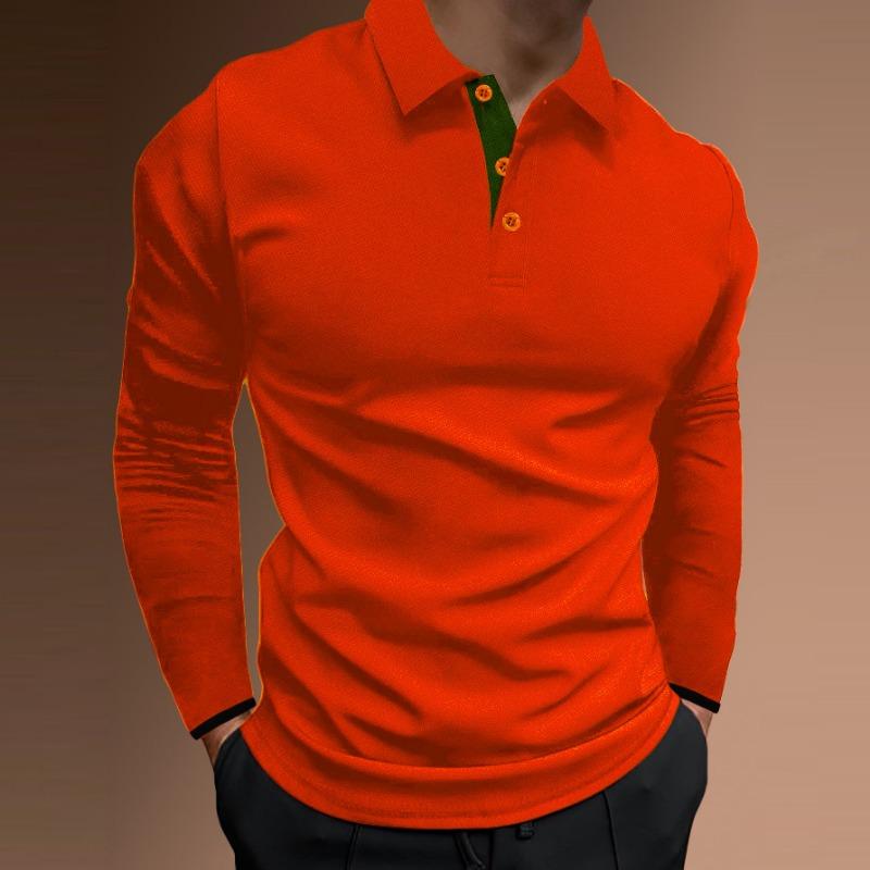 Men's Autumn Sports Fitness Leisure Stand Up Collar Elastic Vertical Stripe Long Sleeved POLO Shirts
