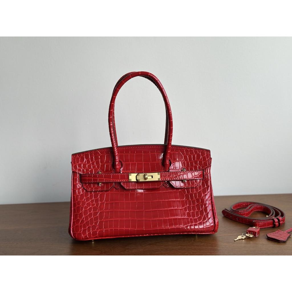 Popular Crocodile Pattern Horizontal Plate Platinum 30cm Genuine Leather Women's Bag, European and American Fashion Cowhide Large Bag, Commuter