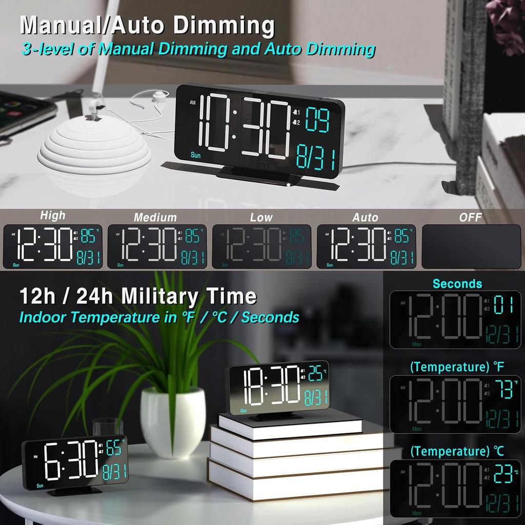 KOSUMOSU Digital Clock for Bedroom 6.7in Small Digital Alarm Clock Black, Dimming,12/24h,Date,Day of Week, Indoor Temperature,Desk Clocks for