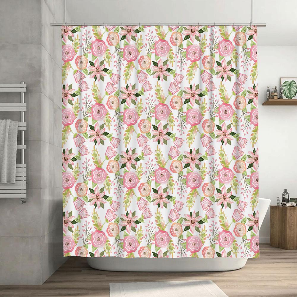 Beautiful Pink Floral Shower Curtain with Greenery Waterproof Fabric for Bathroom Decorations.