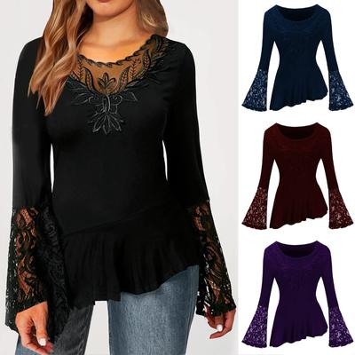 Fashion Women Casual  Loose Lace Splice Long Sleeve T-shirt Summer Tops Printing Tops