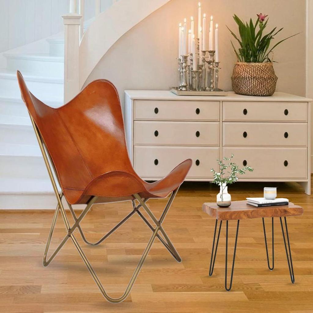 Morden Tan Brown Leather Butterfly Chair Folding Home Decor Chair for Living Room, Office, Bar Chair