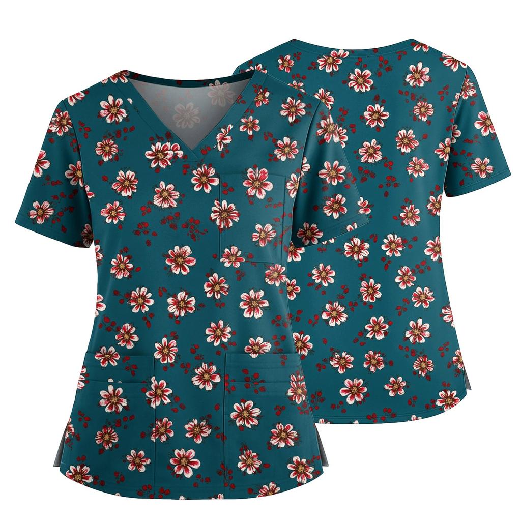 Damen Casual Bedrucktes V-Ausschnitt Taschen Seitennaht Schlitz Kurzarm Top