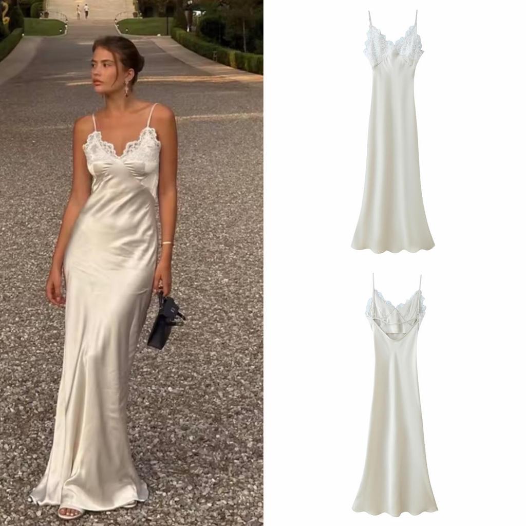 European American Women's Lace Patchwork Satin Sling Dress