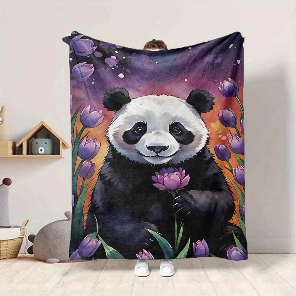 1pc Panda Flower Garden Blanket - Lightweight Flannel Fleece with Digital Printing, Soft Warm for Sofa, Travel, Camping, Office yy251018302
