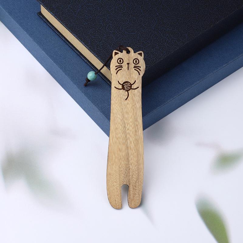 Retro Solid Wood Cat Bookmark Gift Box - Exquisite Literary Cartoon Design