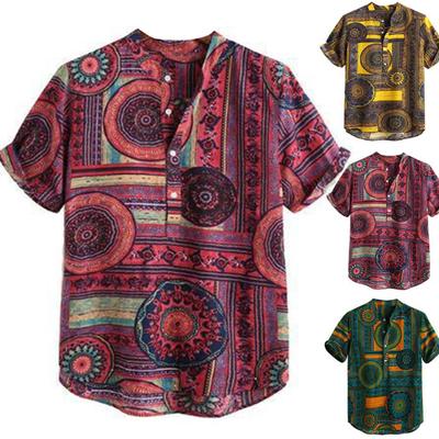 Summer Men Color Block Ethnic Geometry Print Short Sleeve Buttons Pullover Shirt