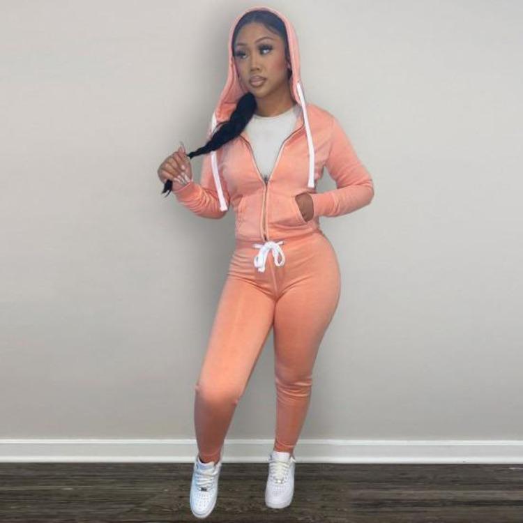 2Pcs Winter Women Tracksuit Set Fleece Lining Hooded Sweatshirt Coat with Long Sleeves Pockets Zipper Placket Elastic Waist Jogging Fall Solid Color