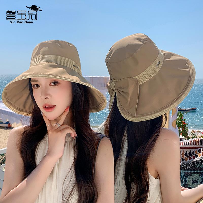 Summer Surround Big Brim Sun Hat Children Linen Splicing Bow Bucket Hat Outdoor Fashion Versatile Sunscreen Hat