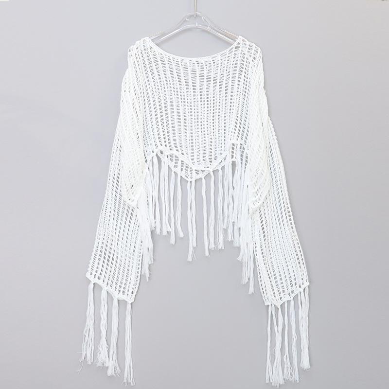 Summer Pullover Short Hollow Out Knitwear Tassel Long Sleeve Loose Cover Up Layering Casual Slimming Top Women