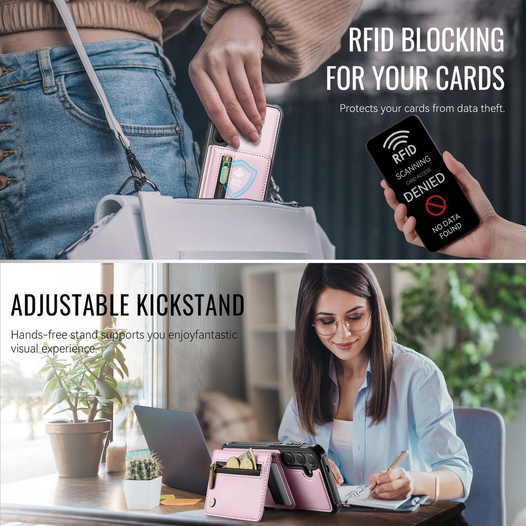 For Samsung Galaxy S26 Case JEEHOOD J12 Magnetic Detachable Zipper Wallet Kickstand Leather Back Cover Compatible with MagSafe