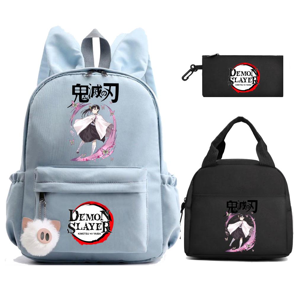 3 st/set Anime Demon Slayer Tryckt Ryggsäck Matlåda Pennfodral för Barn Elev Skolväska Dam Stor Kapacitet Vattentät Resväska Gåva