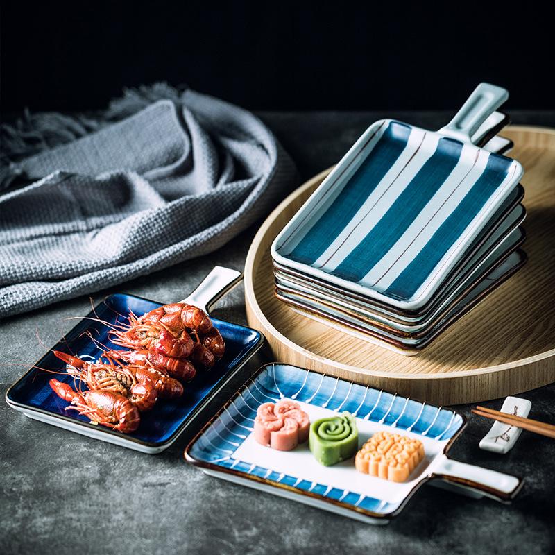 Japanese ceramic plate with handle square cheese baked rice plate Household oven baking plate Western restaurant cutlery