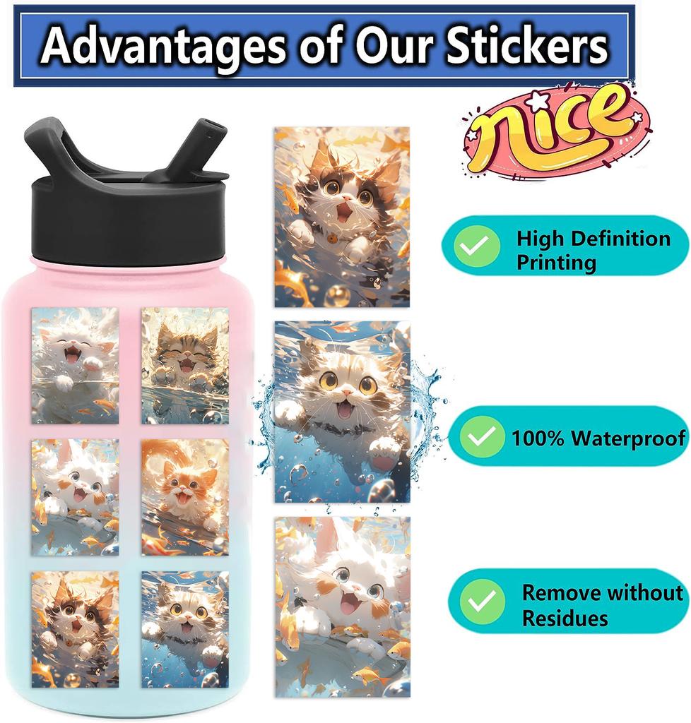 50 Cartoon Anime Cat Stickers Decorate Guitar Notebook Suitcase DIY Waterproof Stickers