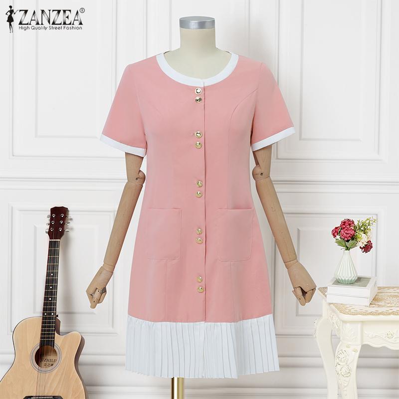 ZANZEA Women Casual Round Neck Short Sleeve Summer Splice Dress