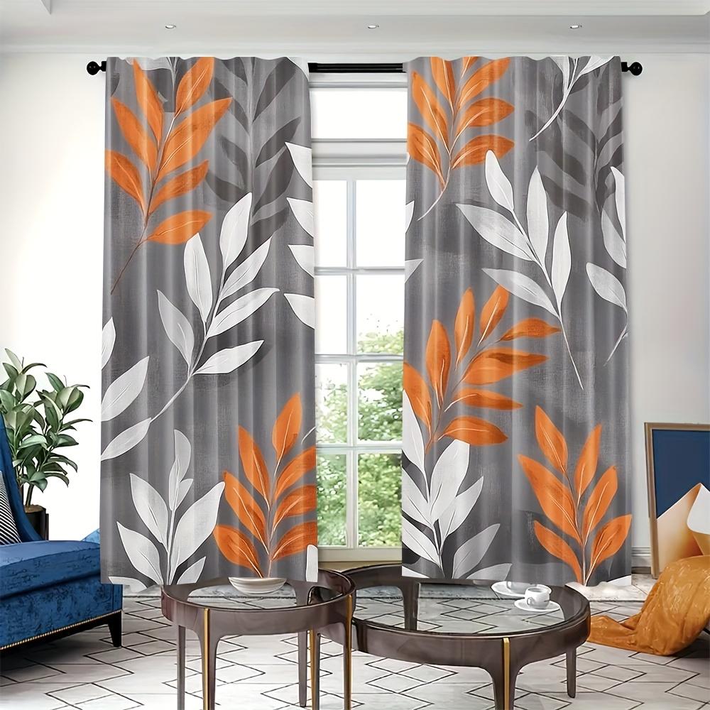 2er Pack Vorhang mit orange-grauem Blatt- und Blumenmuster, aus Polyester, maschinenwaschbar, geeignet für Schlafzimmer und Wohnzimmer.