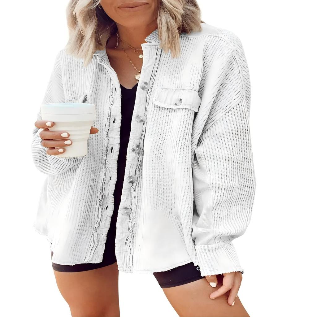 Elegant Solid Color Ribbed Tops Lady Jackets Autumn Winter Fashion Breasted Button Women Coats Casual Loose Long Sleeve Outwears