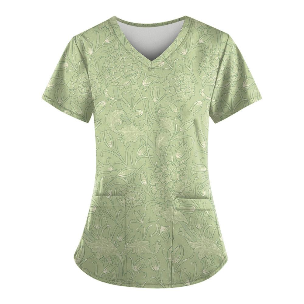 Willow Print Women's T-shirt V-neck Nurse Uniform Comfortable Short Sleeved Women's T-shirt