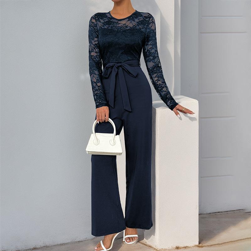New Jumpsuit Lace Spliced Zipper Lace Solid Color Loose Jumpsuit