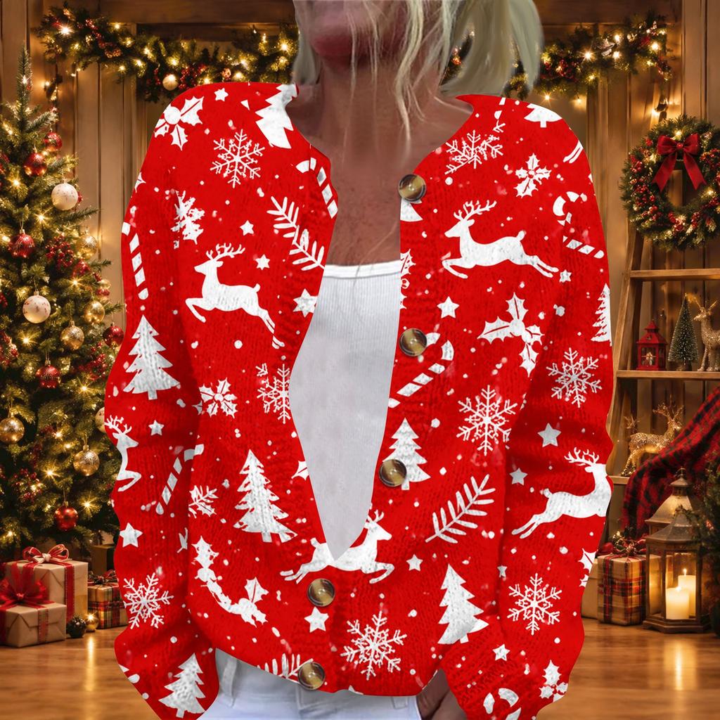 Women's Christmas Print Long Sleeve Knit Cardigan Sweater Button Front for Fall Winter