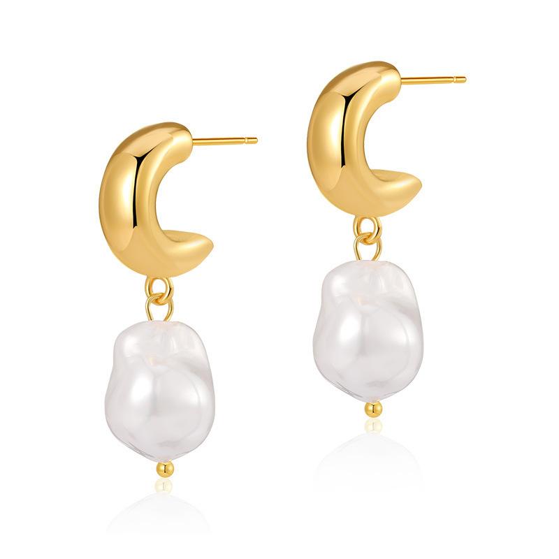 Trendy european and american style 18k gold plated brass pearl earrings - elegant stud earrings with shell pearls