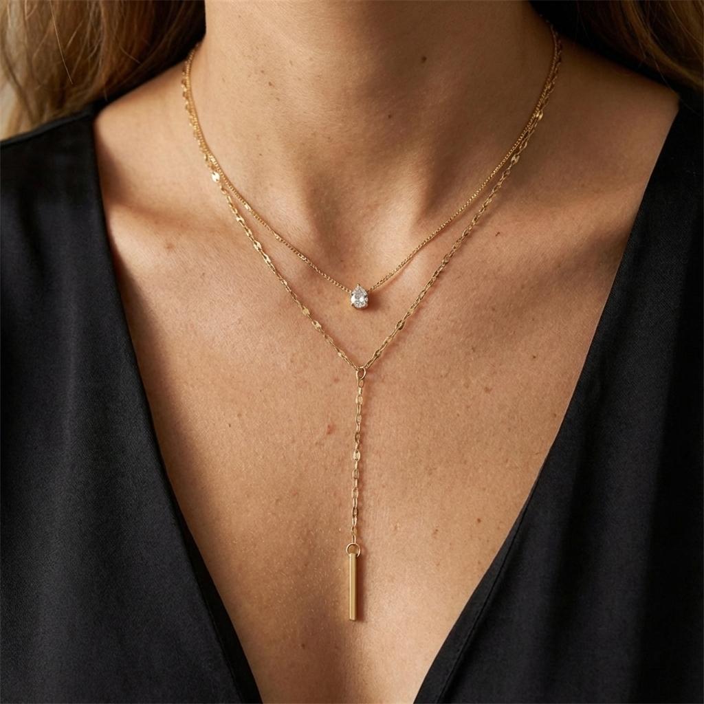 

Y-Shape Teardrop Pendant Double Layer Necklace Niche Light Luxury Sexy Collarbone Chain Women s Multi-Layer Exquisite Accessory