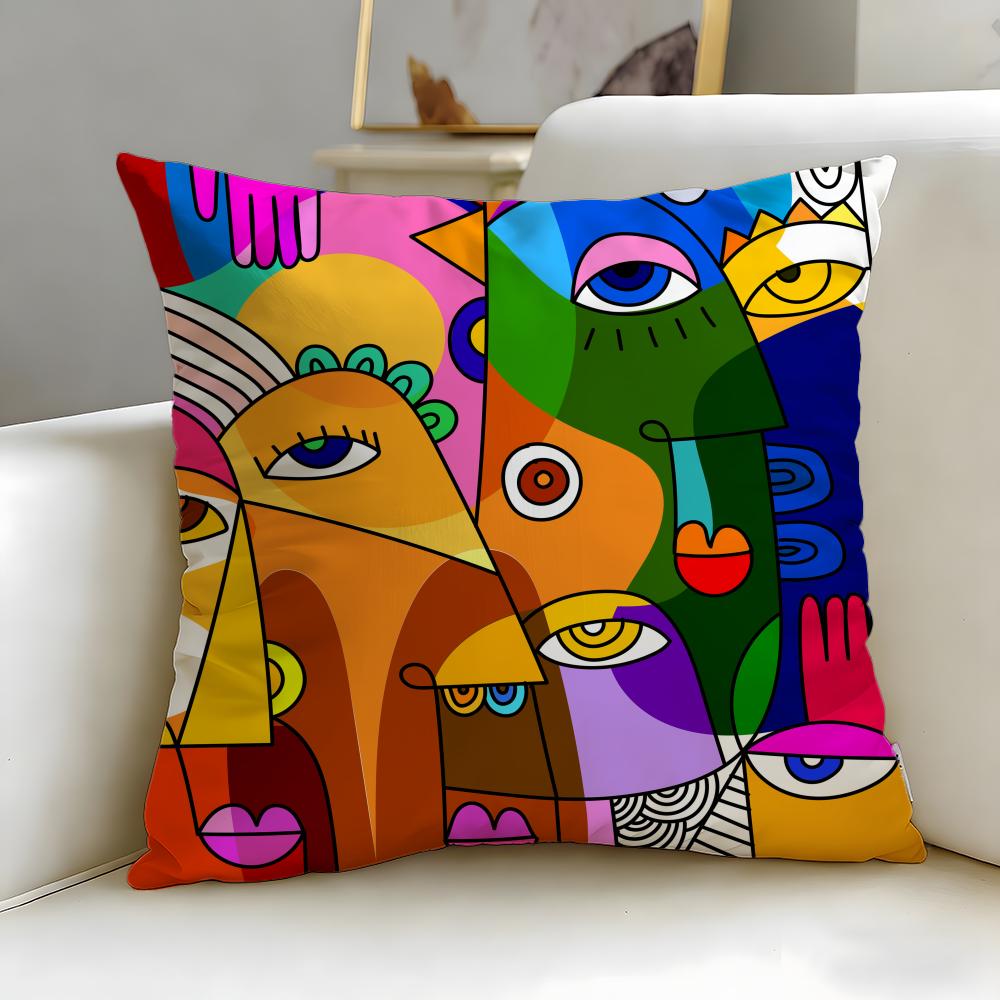 art theme Colorful Abstract Faces Cushion Cover Soft  EasyWash Pillow Case  Versatile for Couch Bed Travel and Office