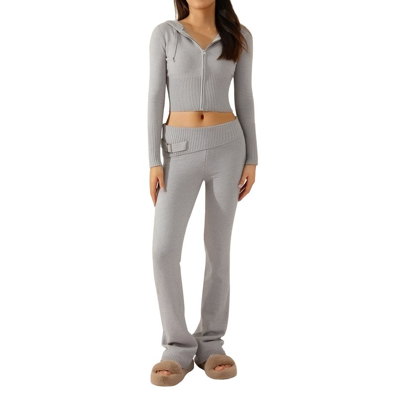 European and American New Knitted Hood Set Women Clothes Fashion Sexy High Waist Long Sleeve Trousers Two-piece Set