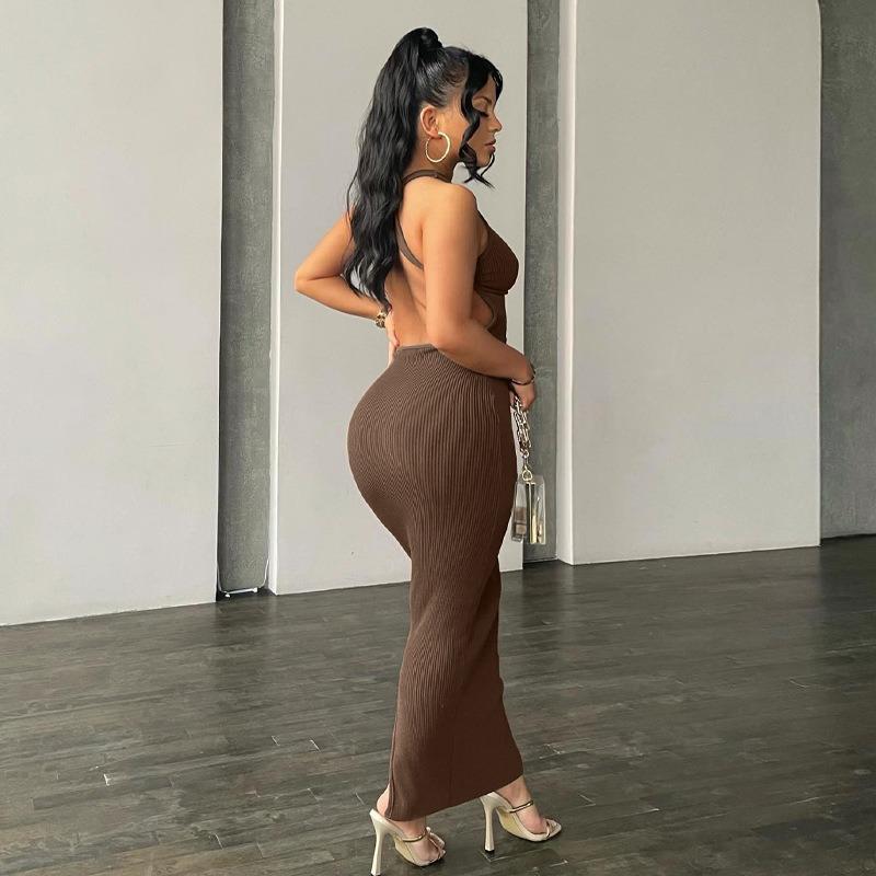 Summer New Sleeveless Backless Slim Fit Sexy Dress Women Elegant Solid Casual Party Club Long Dresses Women Vintage Fashion Knitted Ladies Dress 26529