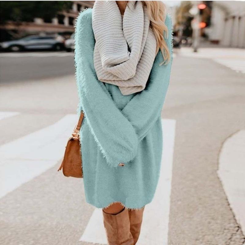 Women Autumn Winter Fashion Casual Sweater Dress Soft Comfy Long Sleeved Solid Dresses Solid Chic Loose Sweater Dresses Furry Sweater