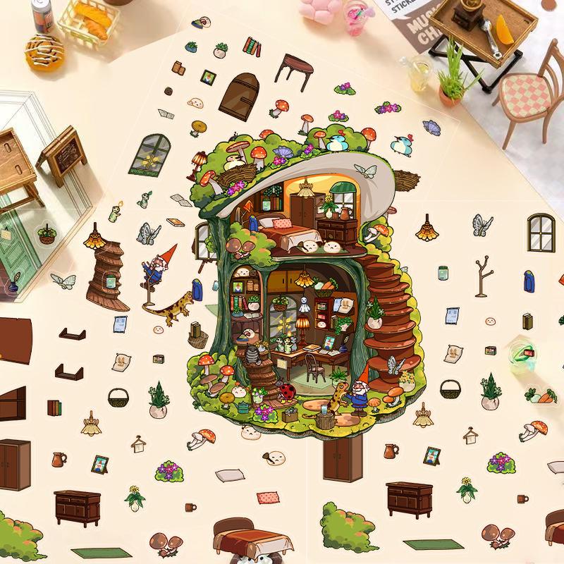 Cartoon Landscape Mushroom House Sticker Miniature World 3D House Unzip DIY Scene Manual Post