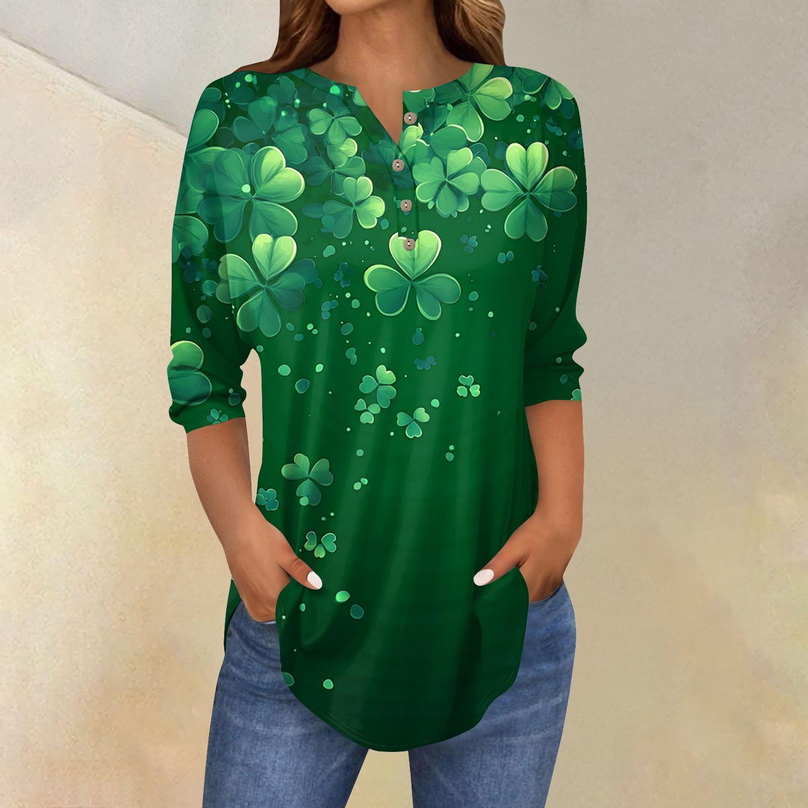 

Женские топы с рукавами 3/4, летние футболки с принтом и V-образным вырезом, повседневные базовые футболки, рубашки на пуговицах, туники, топы St. День Патрика L армия зеленый