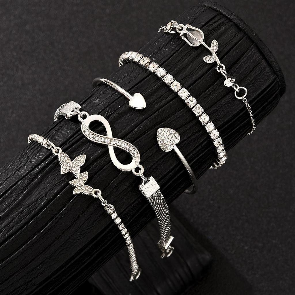 17KM 5pcs Exquisite Butterfly Bracelet Set For Women Vintage Rhinestone Heart Infinity Cuff Bangle Daily Wear Jewelry Gift