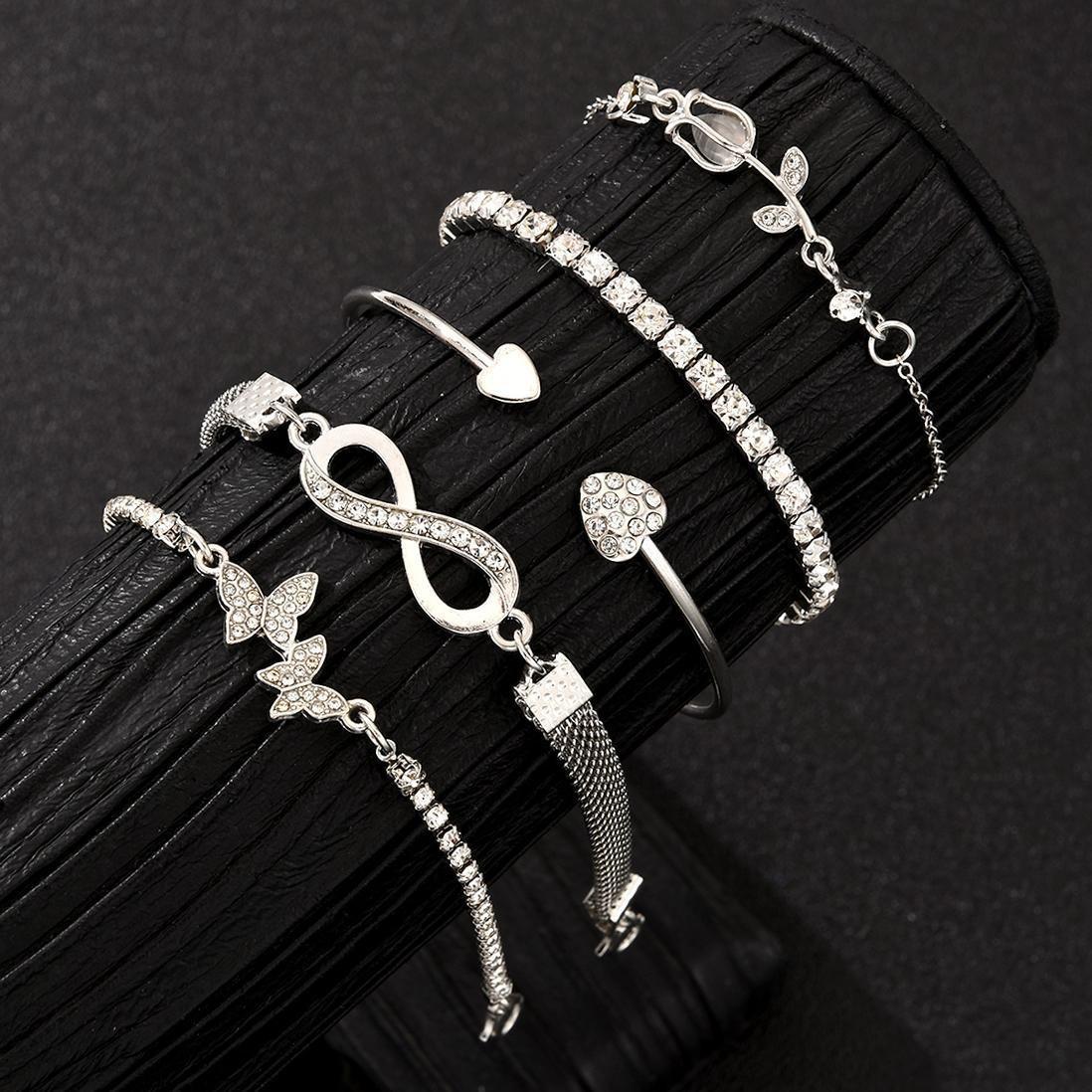 

Temperament 5-pcs Set Shining Zircon Tulip Flower 8-shaped Butterfly Heart Bracelets for Women Friend Fashion Zircon Set Gifts мідний