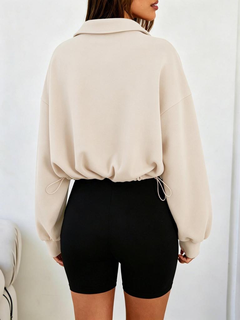 Damen-Sweatshirt mit halbem Reißverschluss und Kragen, Tunnelzug in der Taille und langen Ärmeln, Europäischer & Amerikanischer Stil, Herbst/Winter 2026