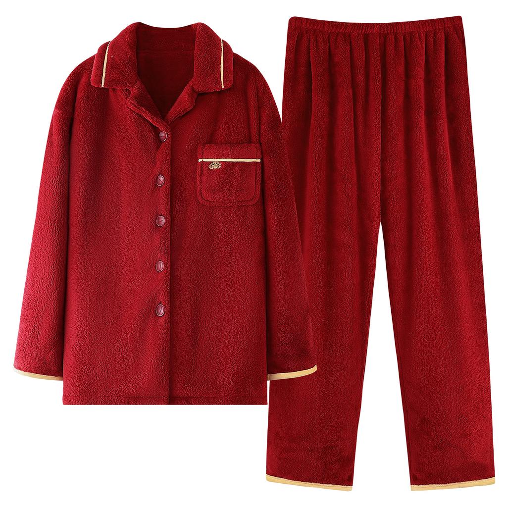 Red Wedding Couple Pajamas Women'S Coral Fleece Thickened Warm Wedding Flannel Loungewear Natal Year Suit Men