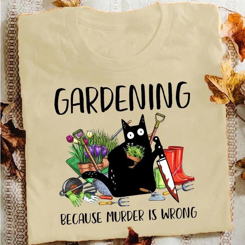 Summer Women Fashion T-shirts Funny Gardening Because Murder Is Wrong Black Cat Graphic T-Shirt Vintage Ladies Tee Female Shirt