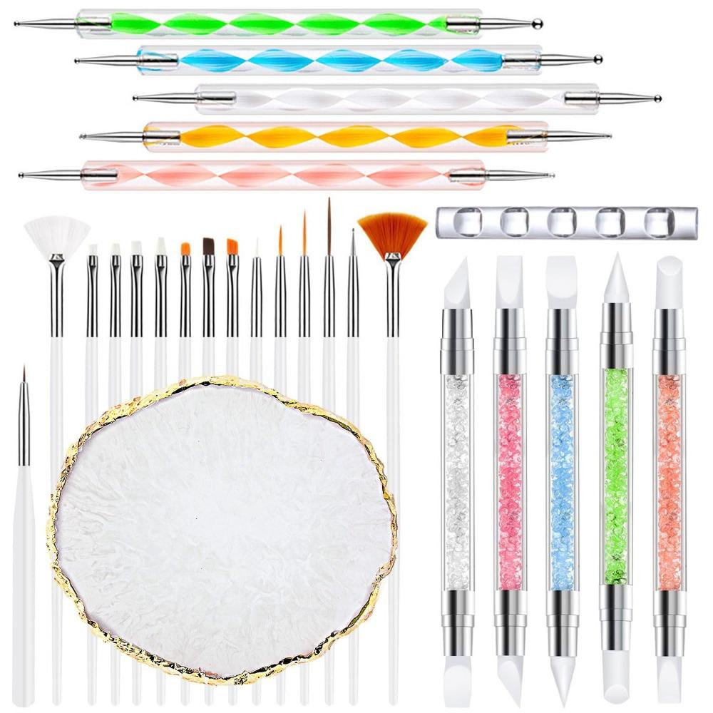 21/27PCS Manicure Tools Nail Art Brush Set with Resin Palette Nail Sculpture Pen Dotting Pen for DIY Nail Art