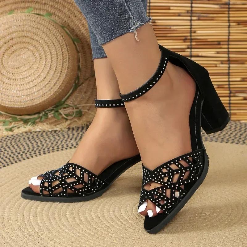 2024 New Style Fashionable Women's Sandals Versatile Solid Color Thick Heel Women's Sandals Open Toe Fish Mouth Shoes Zapatos